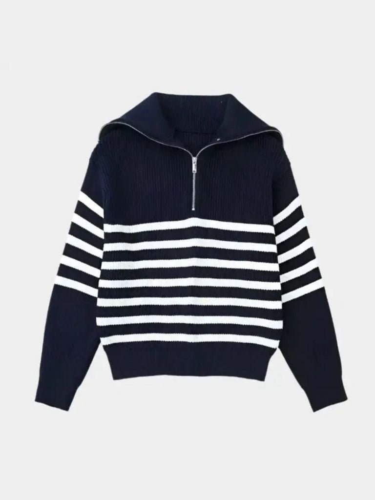 Casual Striped Zip Up Sweater - Casa  Laro CASA LARO