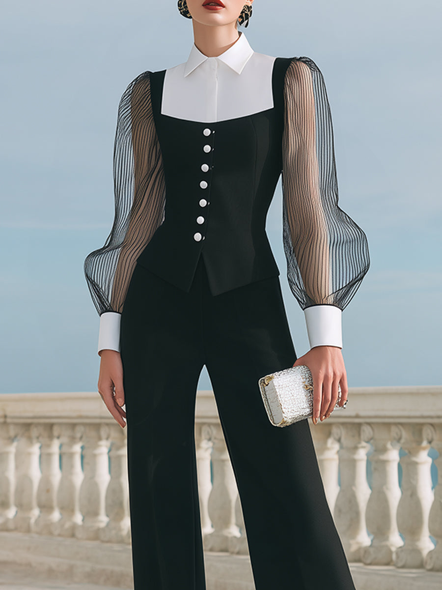 Contrast-Collar Buttoned Vest And Wide-Leg Trousers Set XYS