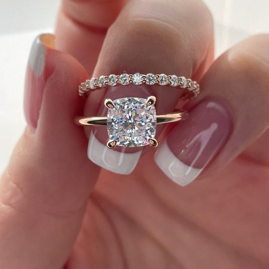 Cushion Cut Solitare Bridal Set Ring with Round Cut Eternity Ring in Sterling Silver Shineofdiamond