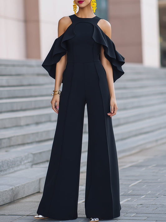 Cold-Shoulder Ruffled Wide-Leg Jumpsuit ZJ
