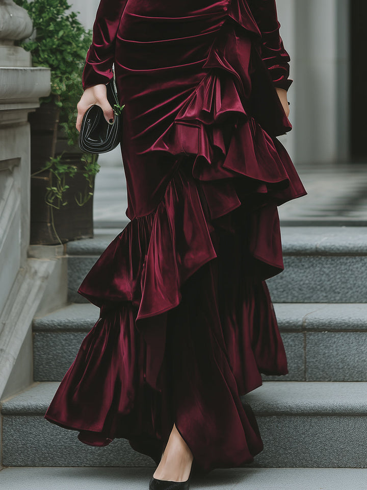Long Sleeve Ruffled Tier Evening Gown XYS