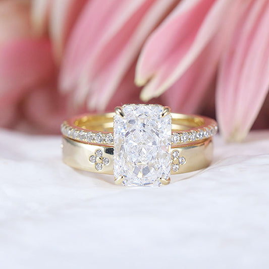 Exquisite Radiant Cut Ring Set with Clover Design Band Shine of Diamond