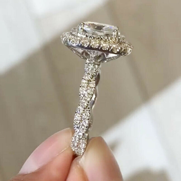 Double Halo Cushion Cut Twisted Shank Engagement Ring in Sterling Silver Shineofdiamond