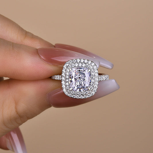 Double Halo Cushion Cut Engagement Ring In Sterling silver Shineofdiamond