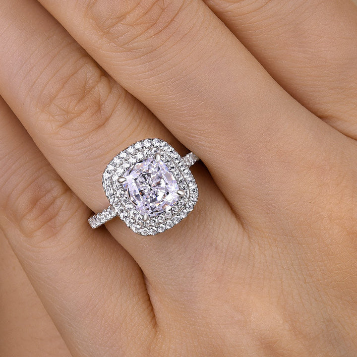 Double Halo Cushion Cut Engagement Ring In Sterling silver Shineofdiamond