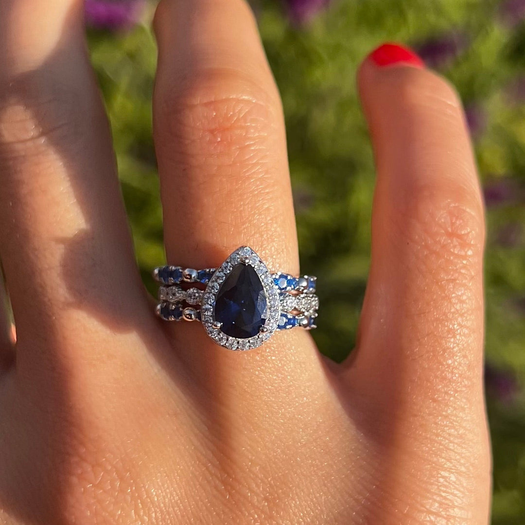 3 Pcs Blue Pear Cut Halo Bridal Set in Sterling Silver Shine of Diamond