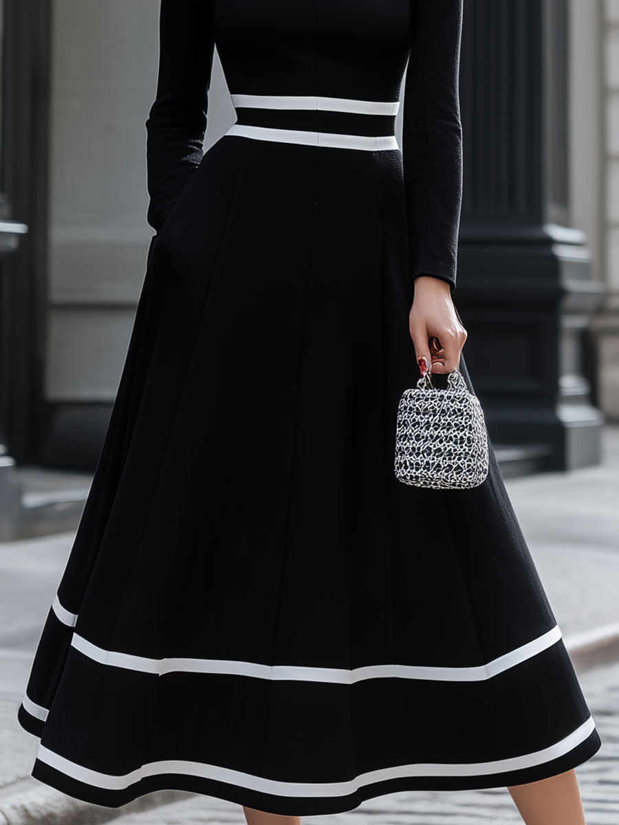 Casa Laro Retro Black & White Contrast Square Neck Midi Dress SN