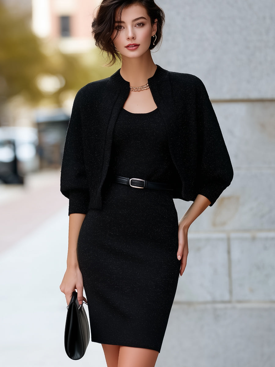 Knit Cardigan And Belted Sleeveless Bodycon Dress Two-Piece Set MLZ