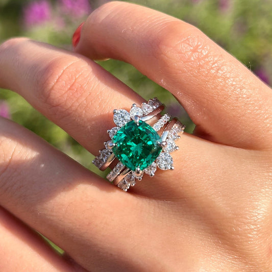 Stunning Green Cushion Cut Insert Bridal Sets In Sterling Silver Shine of Diamond