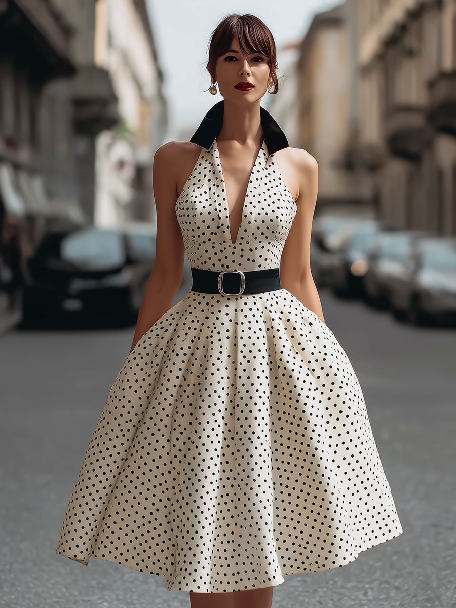 Vintage Polka Dot Halter A-Line Midi Dress With Contrast Collar HWT