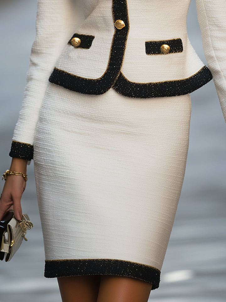 Vintage-Inspired Tweed Contrast-Trim Skirt Set HWT