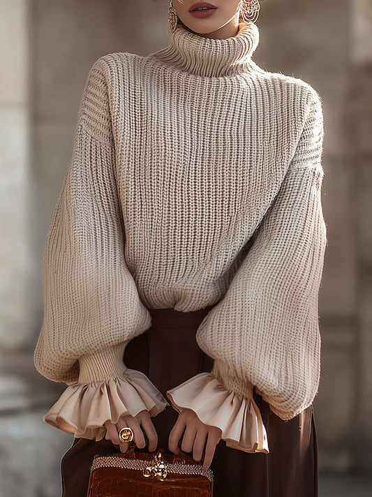 Cream Knit Turtleneck Sweater With Ruffled Cuffs XYS