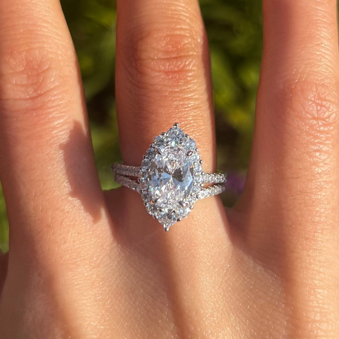 Vintage 2 Pcs Oval Halo Sterling Silver Bridal Set With V Shape Band Shine of Diamond