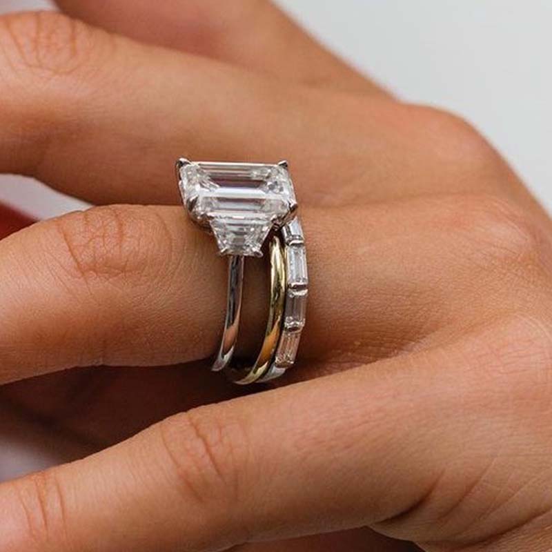 Emerald Cut Three Stone Engagement Ring & Wedding Band Shineofdiamond