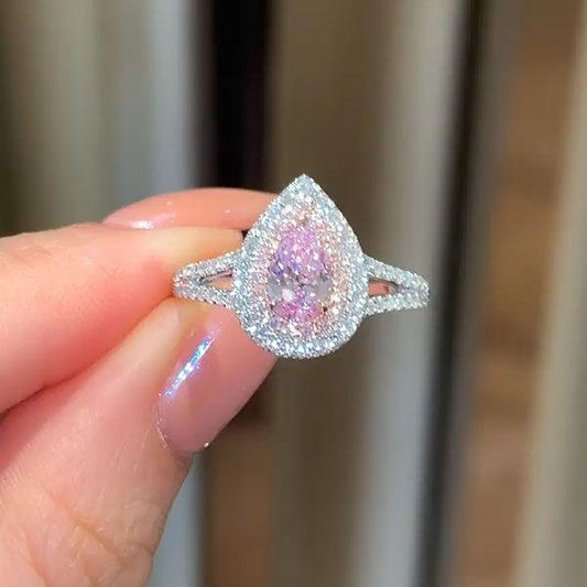 Pink Double Halo Pear Cut Engagement Ring in Sterling Silver Shineofidamond