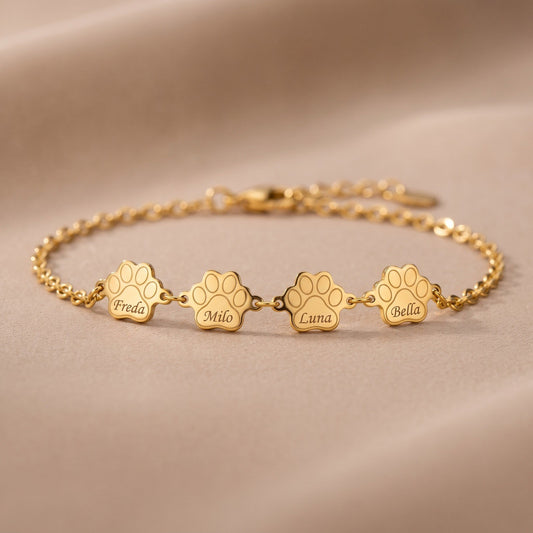 Everpaw gold paw name bracelet with engraved pet names