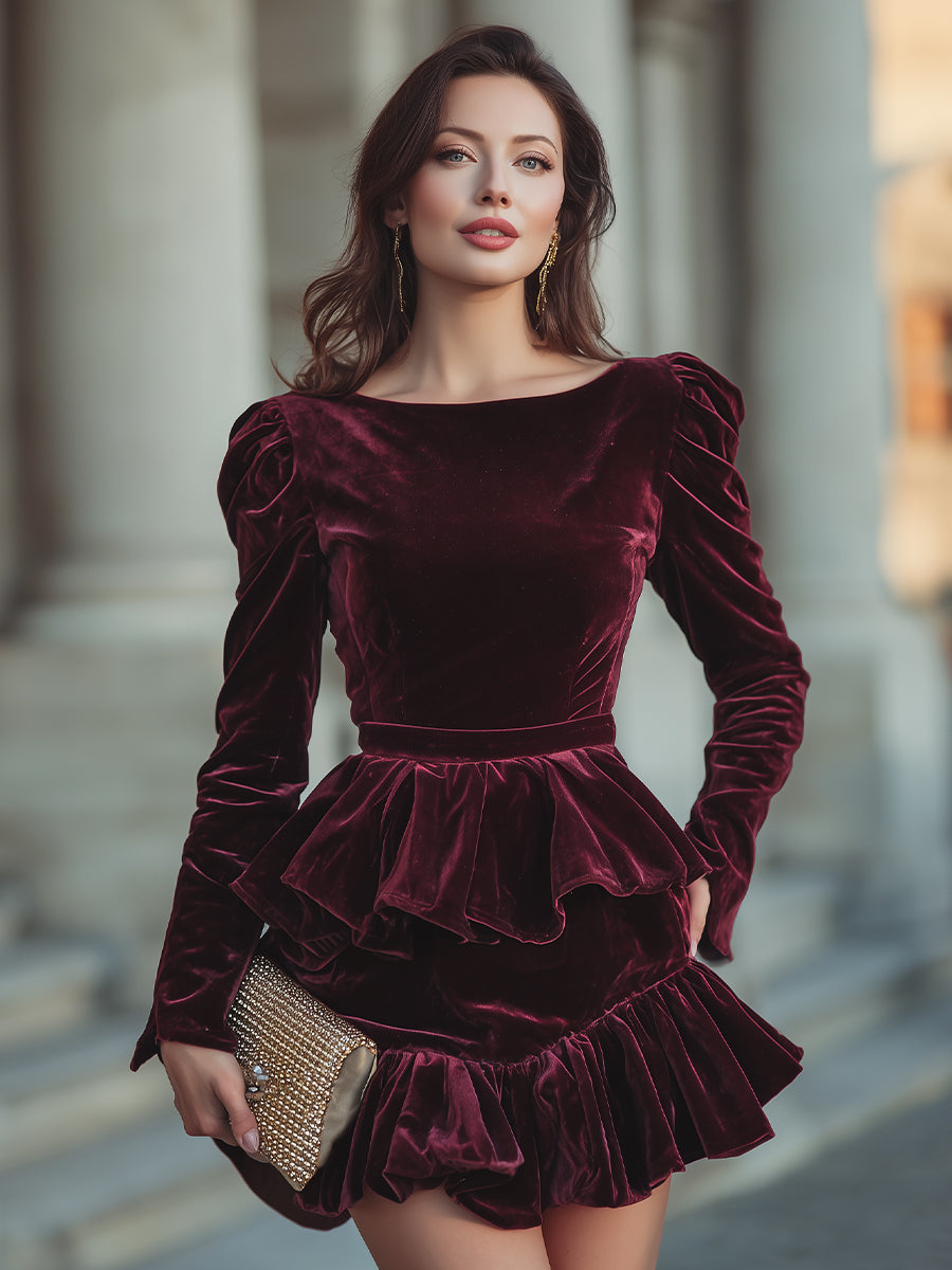 Long Sleeve Layered Ruffle Mini Dress XYS