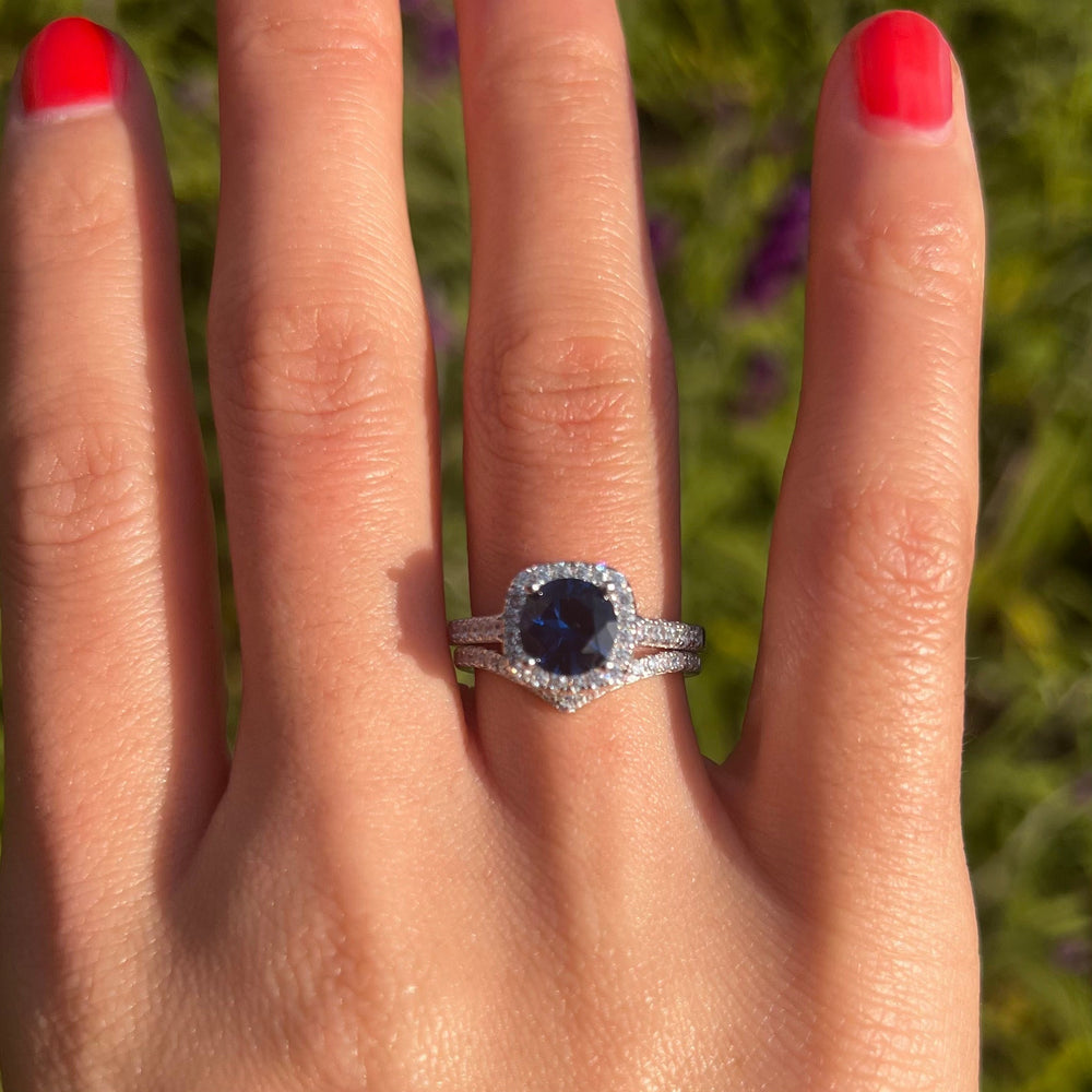 Royal Blue Cushion Cut Halo Bridal Set With V-Shape Band Shine of Diamond