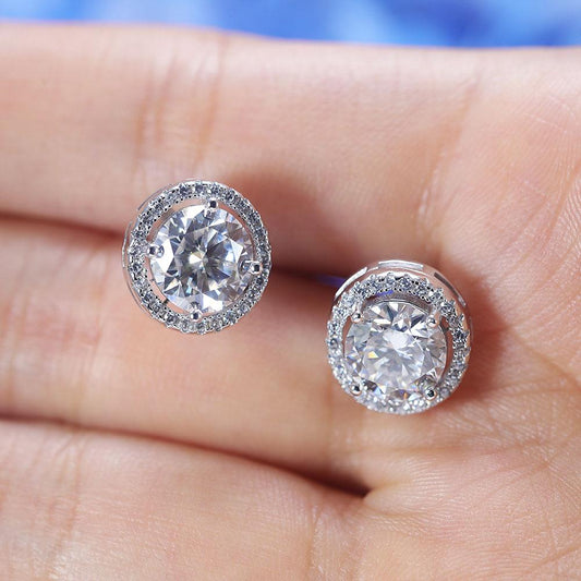 D Color Moissanite Round Cut Halo Design Sterling Silver Stud Earrings Shine of Diamond