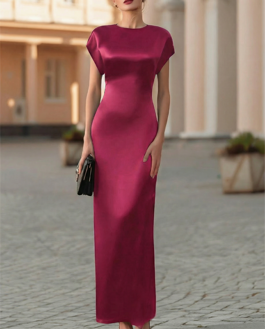 Elegant Black Satin Waist-Tie Column Midi Dress