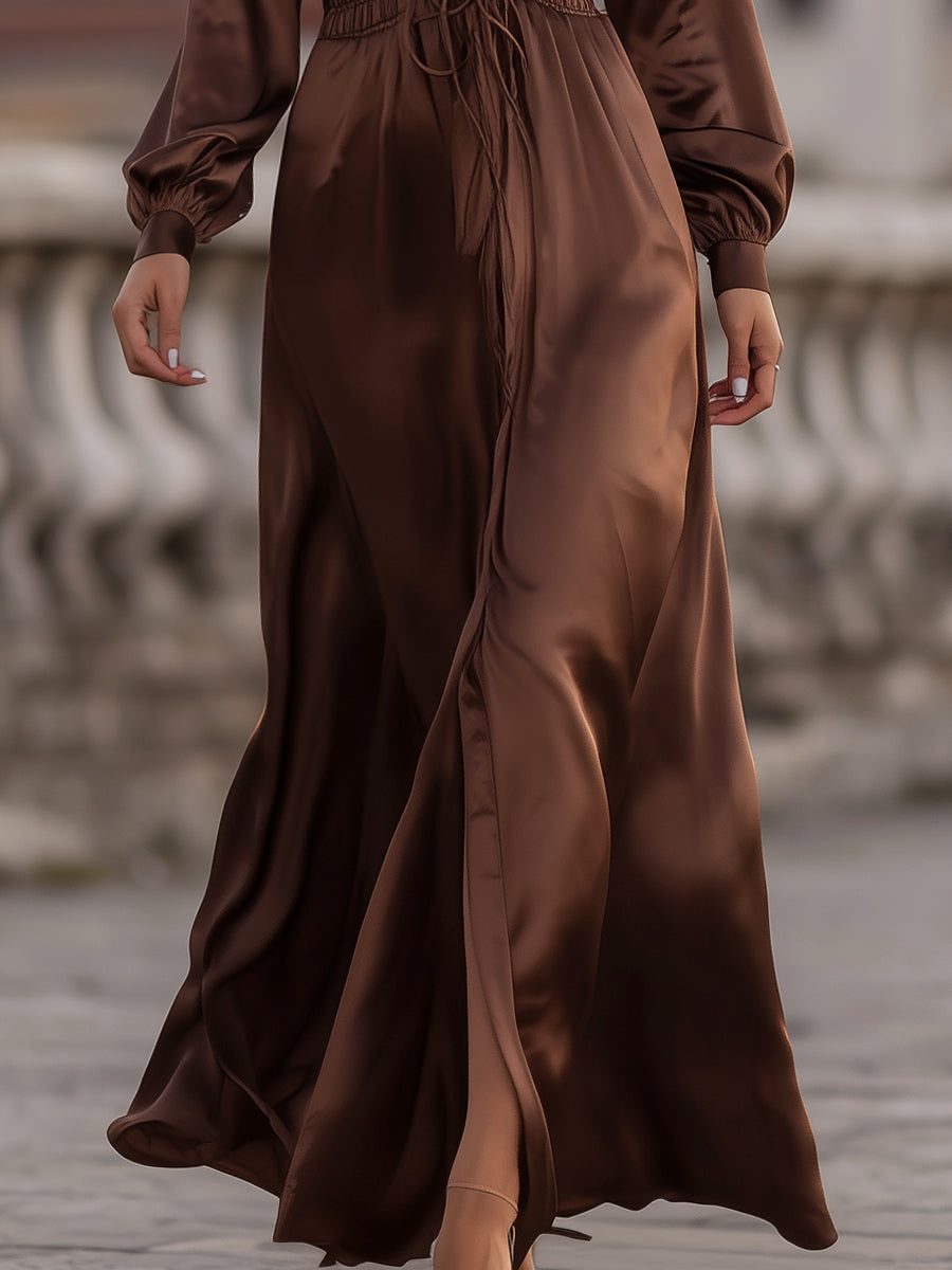 Casa Laro Satin Cinched Waist Maxi Dress In Mocha Brown ZJ