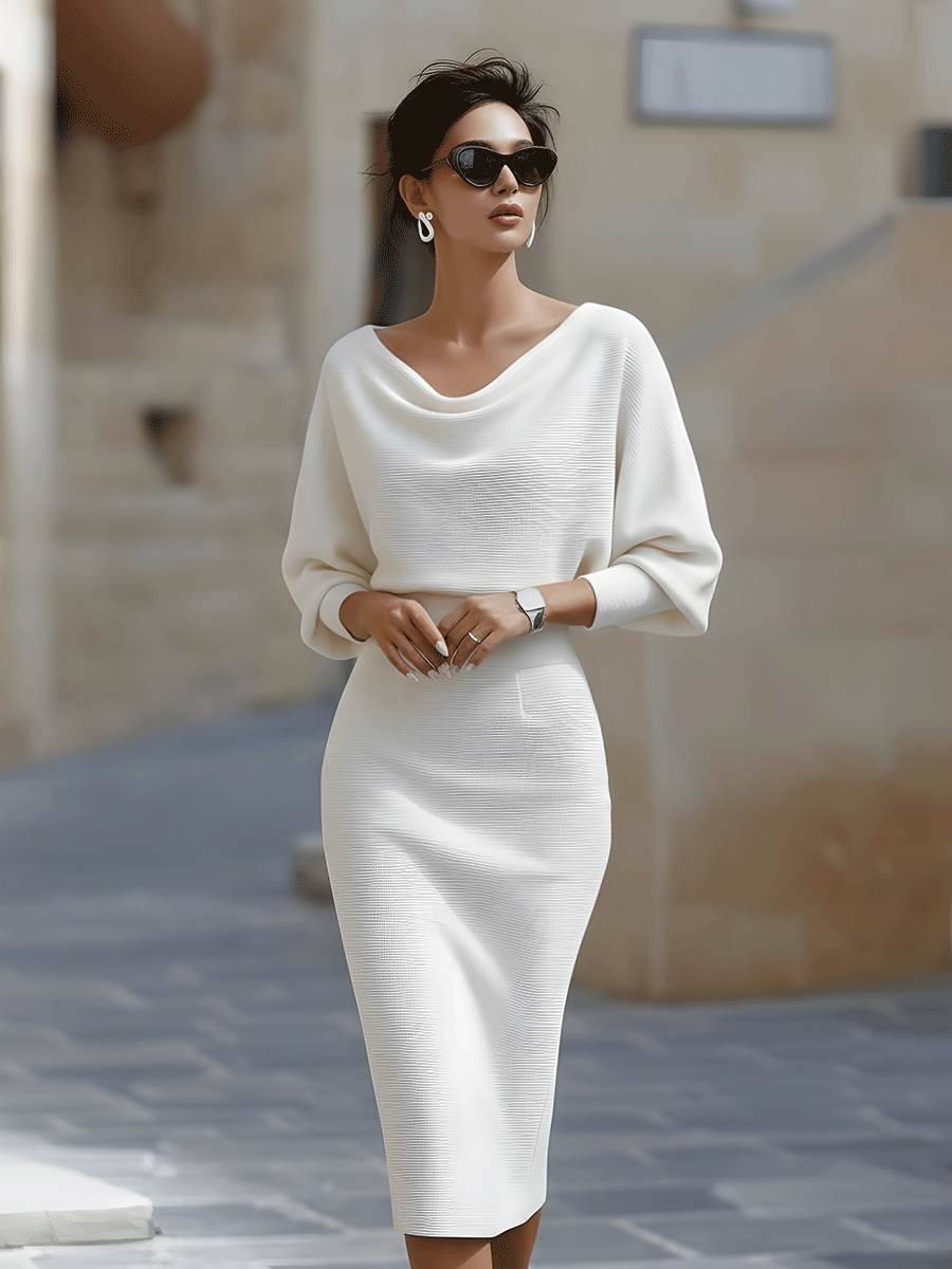 White Draped Batwing Midi Dress XYS