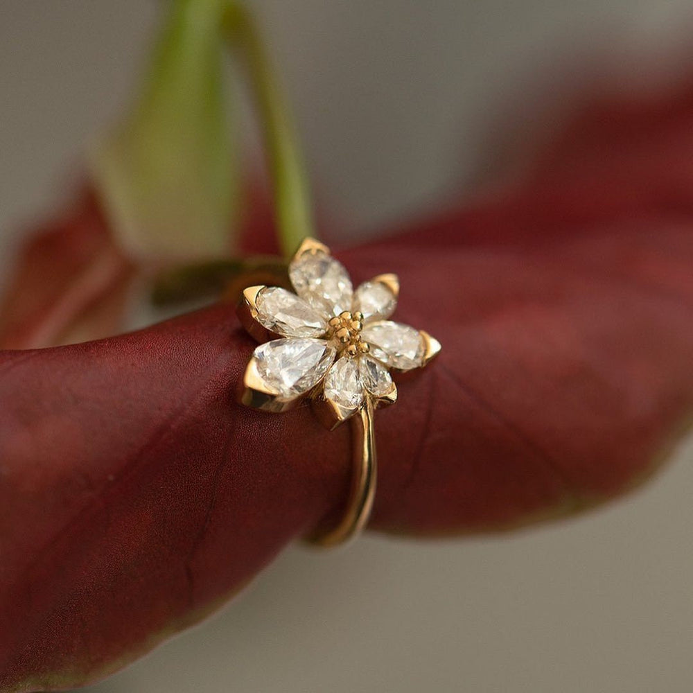 Pear Cut Flower Design Asymmetric Blossom Engagement Ring Shineofdiamond