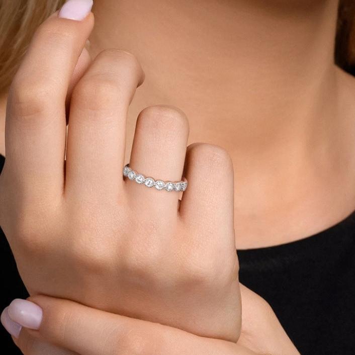 Round Cut Moissanite Half Eternity Sterling Silver Wedding Band Shineofidamond