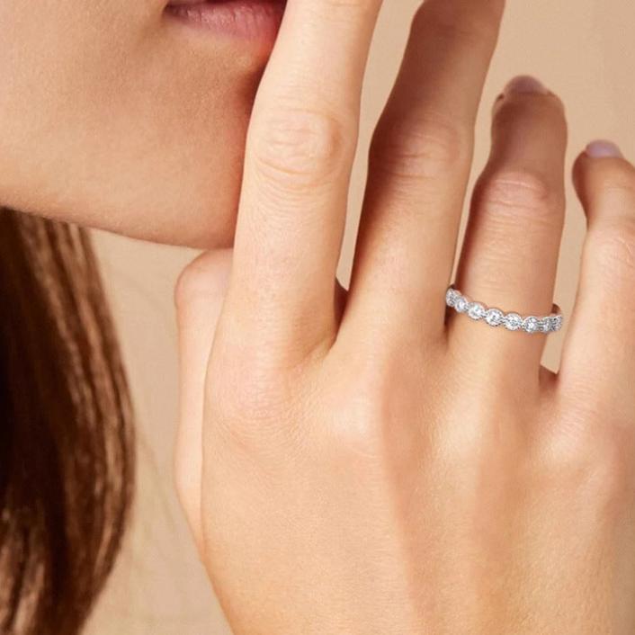 Round Cut Moissanite Half Eternity Sterling Silver Wedding Band Shineofidamond