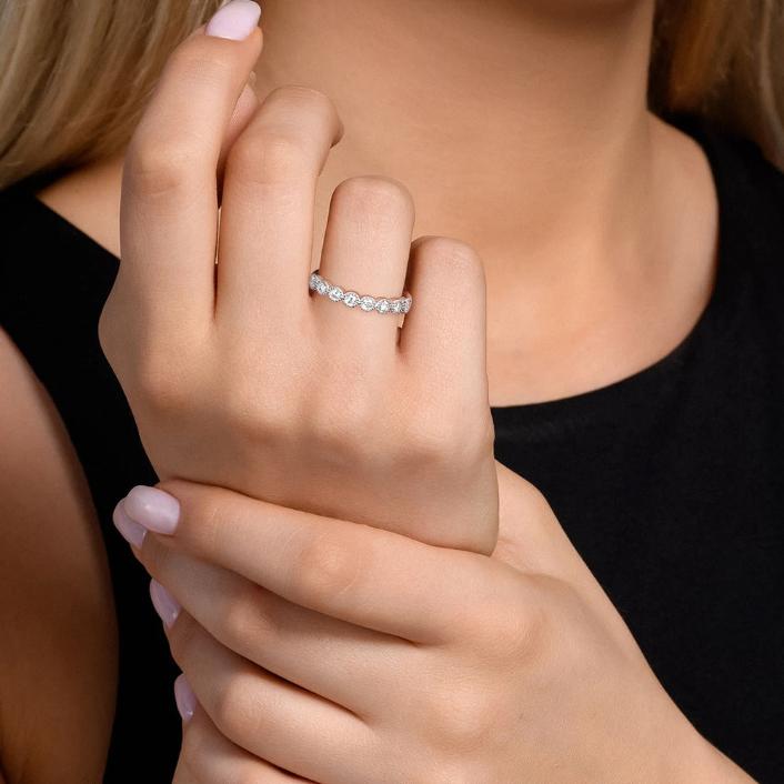 Round Cut Moissanite Half Eternity Sterling Silver Wedding Band Shineofidamond