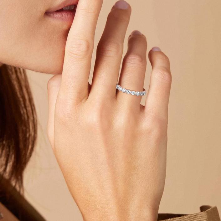 Round Cut Moissanite Half Eternity Sterling Silver Wedding Band Shineofidamond