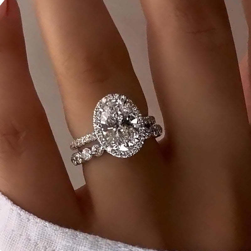 2pcs Halo Oval Cut Wedding Set  In Sterling Silver Shineofdiamond