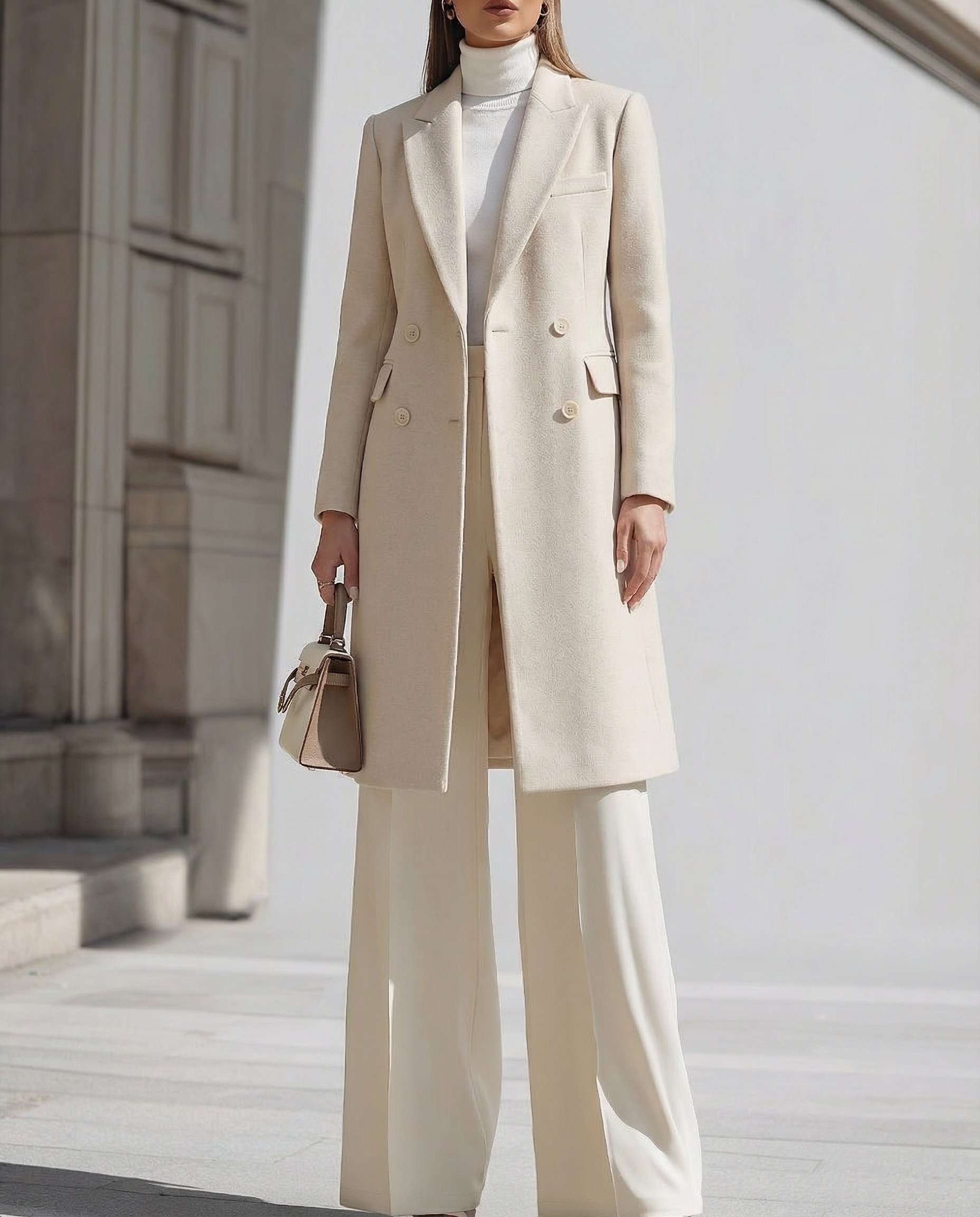 Elegant Cream Longline Blazer And Wide - Leg Pants Set