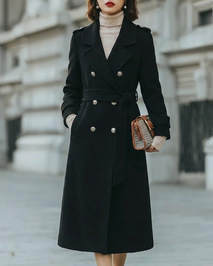 Classic Double-Breasted Belted Tailored Coat – Long Coat