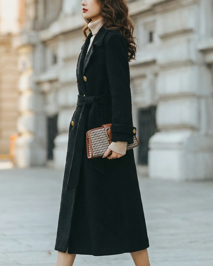 Classic Double-Breasted Belted Tailored Coat – Long Coat