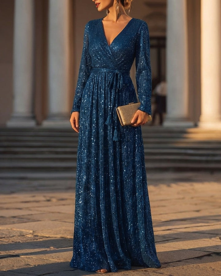 Shimmering Long-Sleeve V-Neck Wrap Evening Gown