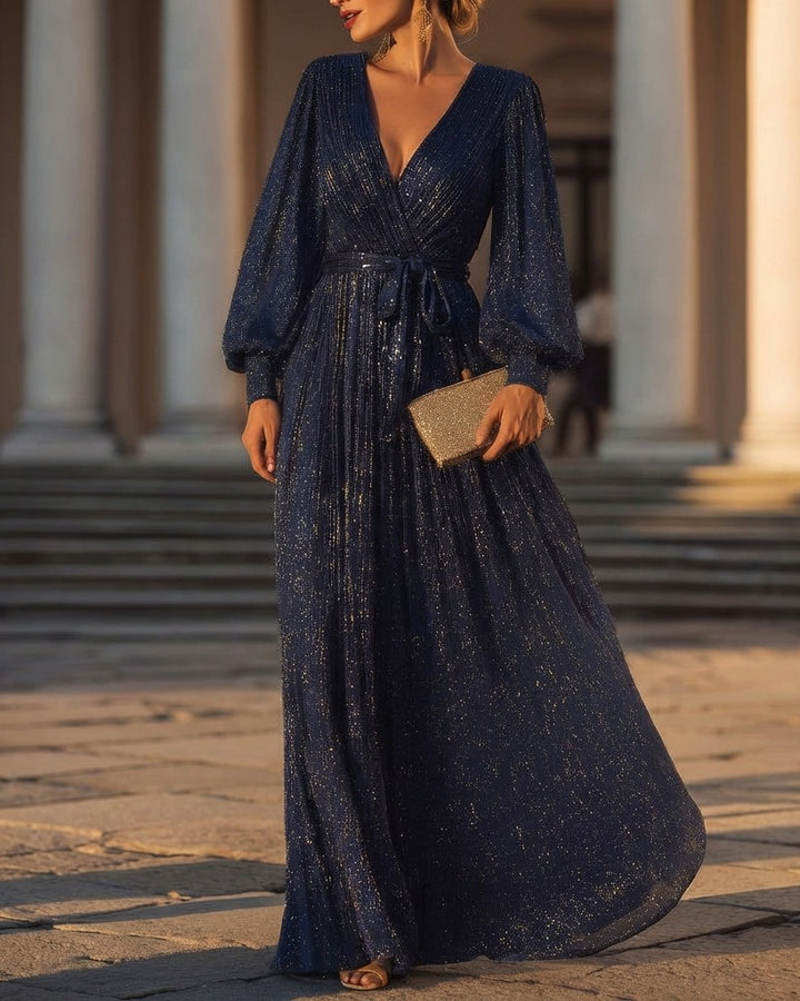 Shimmering Long-Sleeve V-Neck Wrap Evening Gown