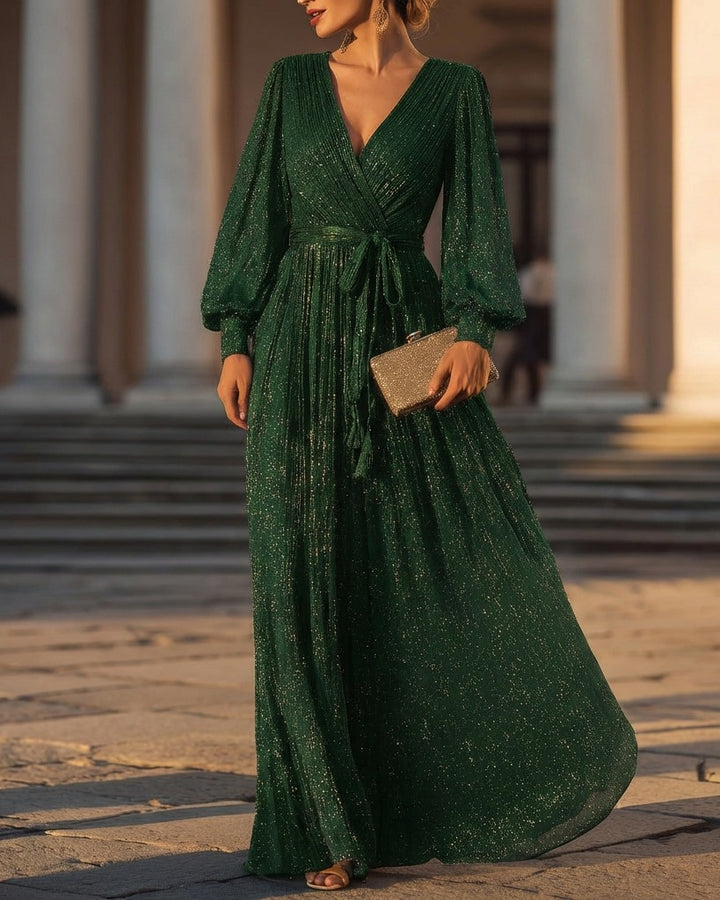 Shimmering Long-Sleeve V-Neck Wrap Evening Gown