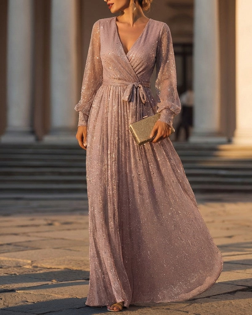 Shimmering Long-Sleeve V-Neck Wrap Evening Gown
