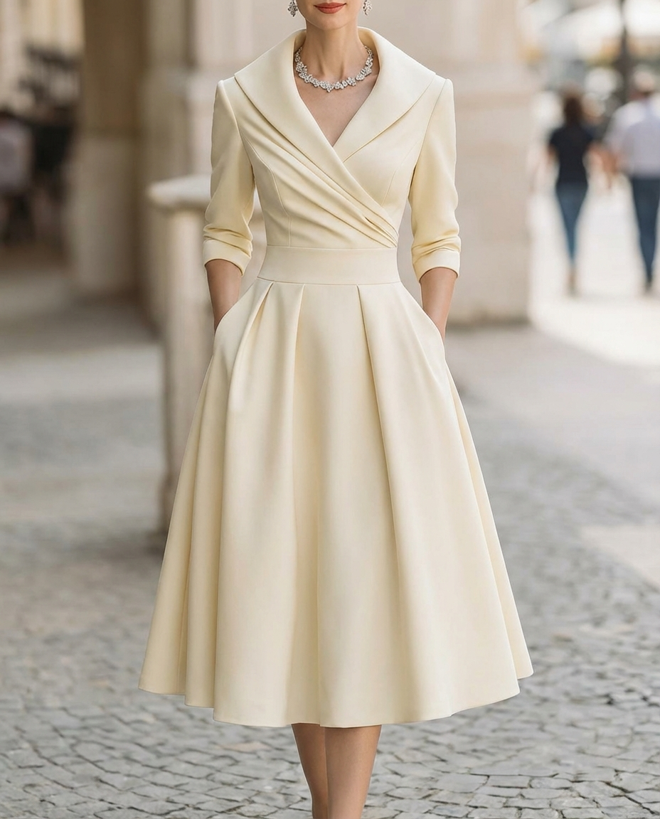 Satin Trench-Collar Wrap Midi Dress with Waist-Defining Band