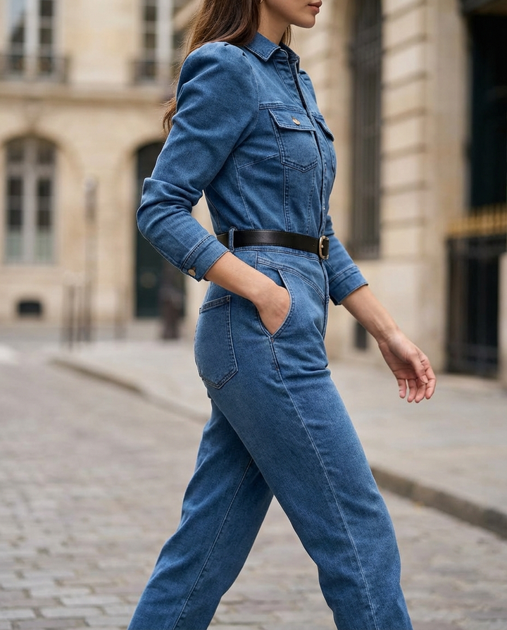 Tailored Denim Belted Jumpsuit with Structured Button Front – Jumpsuit