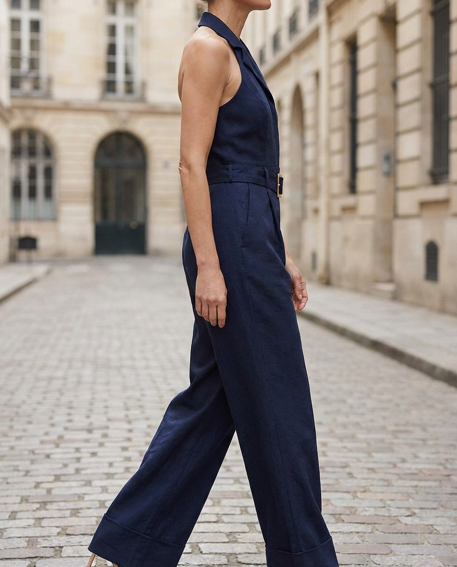 Deep V-Neck Halter Belted Wide-Leg Jumpsuit