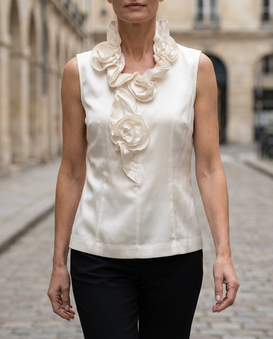 3D Rose Accent White Sleeveless Top - Blouse