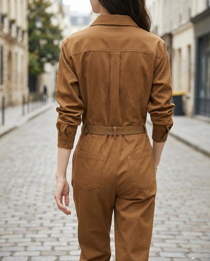 Belted Button-Front Utility Tailored – Jumpsuit