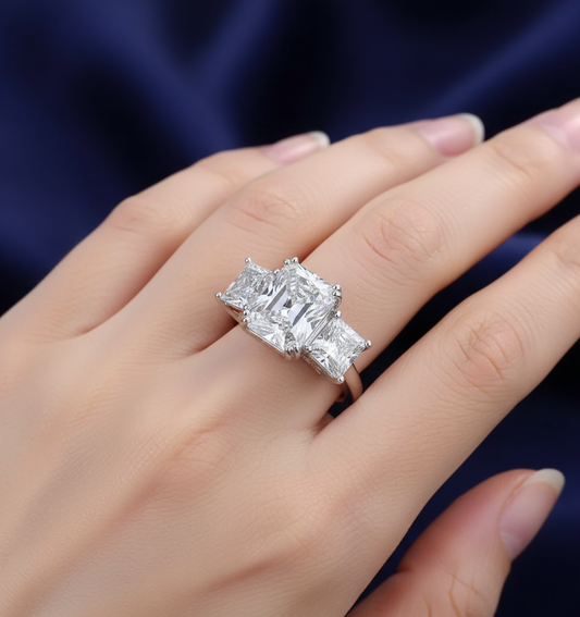Radiant Cut Three-Stone Sterling Silver Engagement Ring