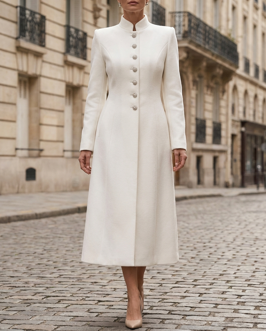 Regal White Military-Inspired Tailored Wool - Wool Coat