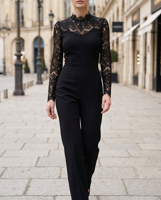 Lace-Panel Long-Sleeve Tailored Jumpsuit