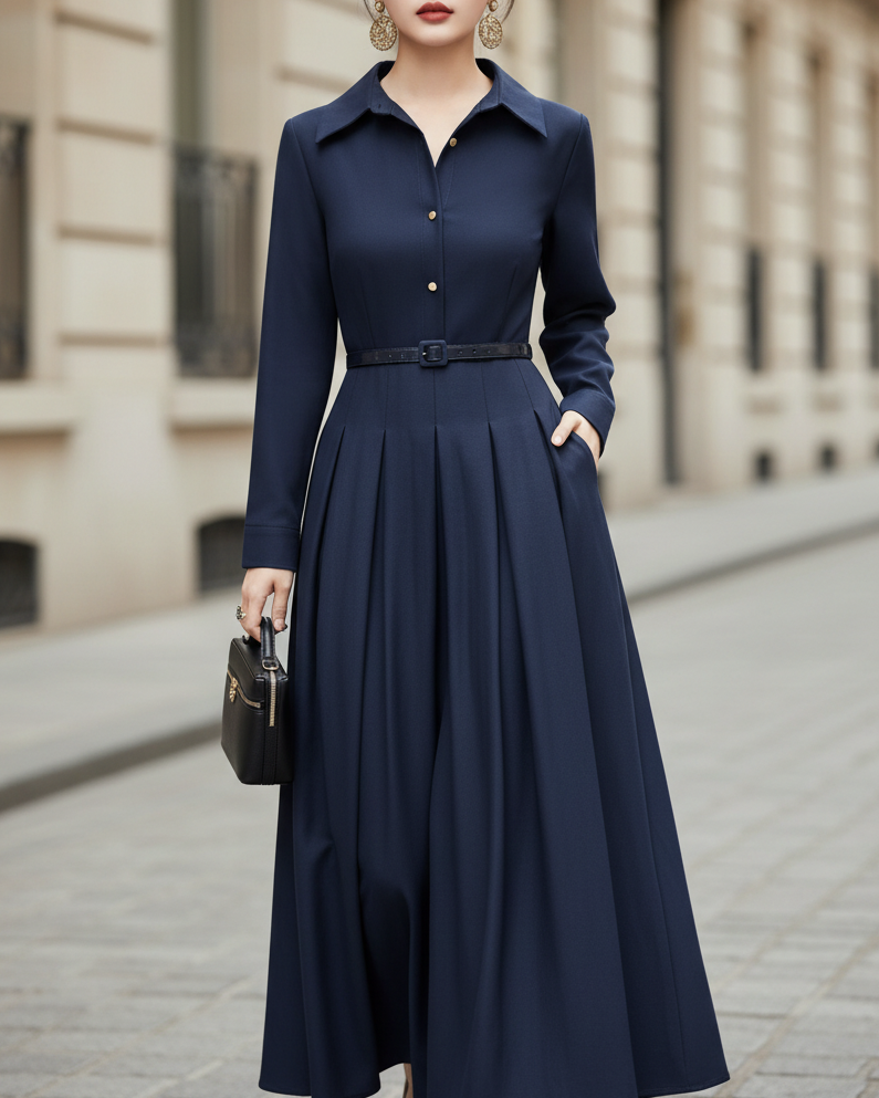 Collared Button-Front Midi Dress With Tailored Pleats and Belted Waist