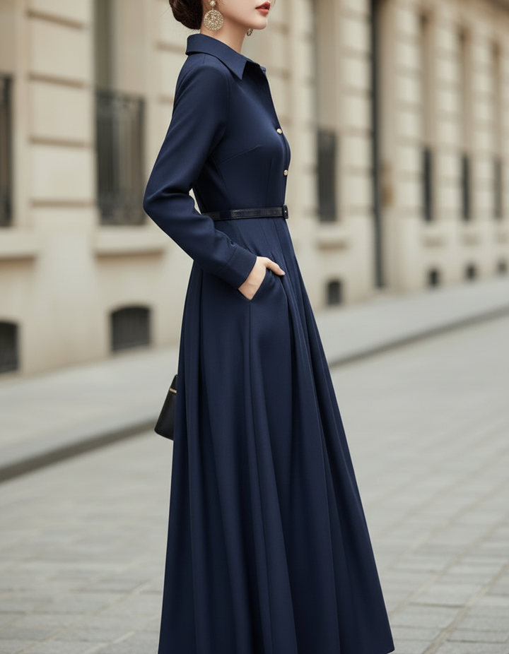 Collared Button-Front Midi Dress With Tailored Pleats and Belted Waist