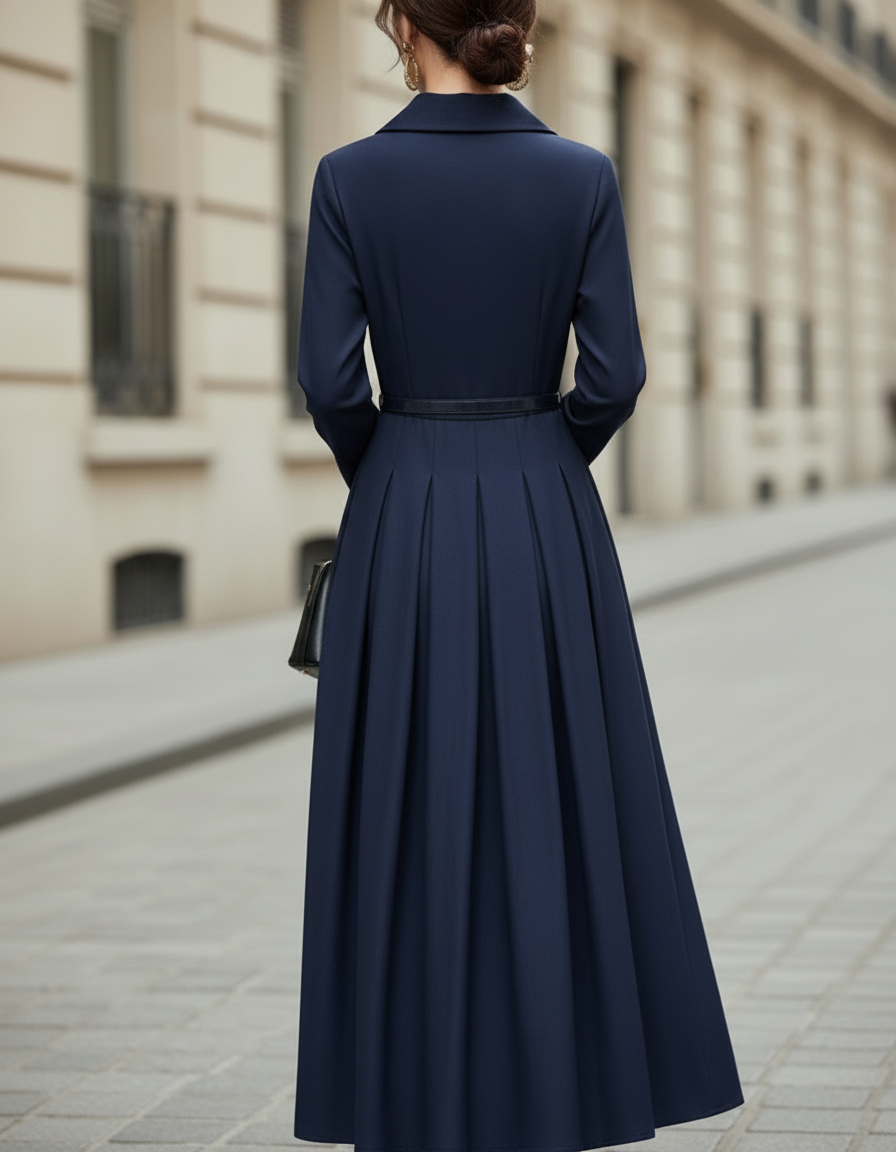 Collared Button-Front Midi Dress With Tailored Pleats and Belted Waist